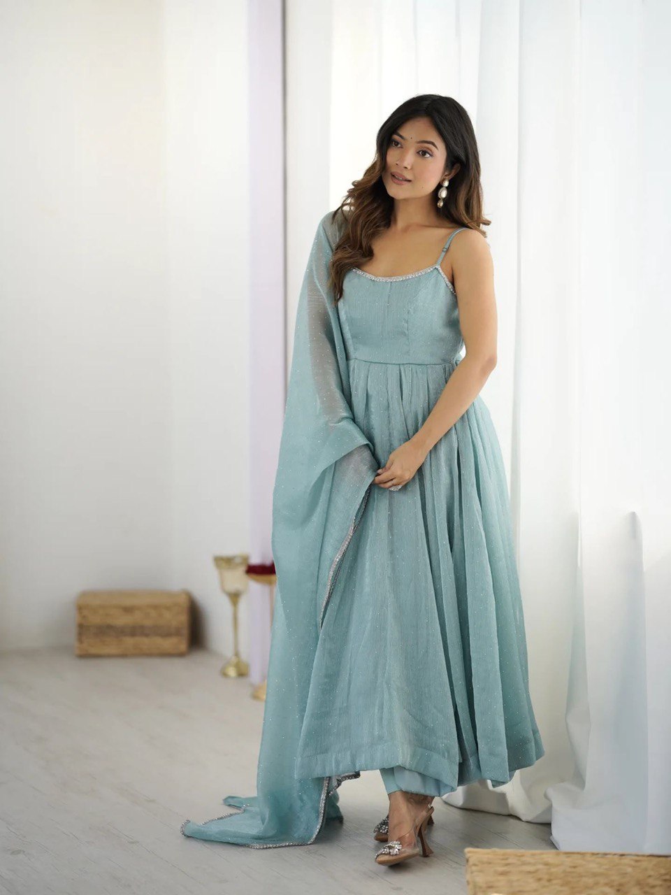 Elegant Pastel Blue Anarkali Set with Dupatta – Festive & Occasion Wear