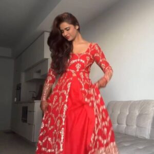 Red Embroidered Anarkali Gown with Golden Detailing – Festive & Wedding Wear
