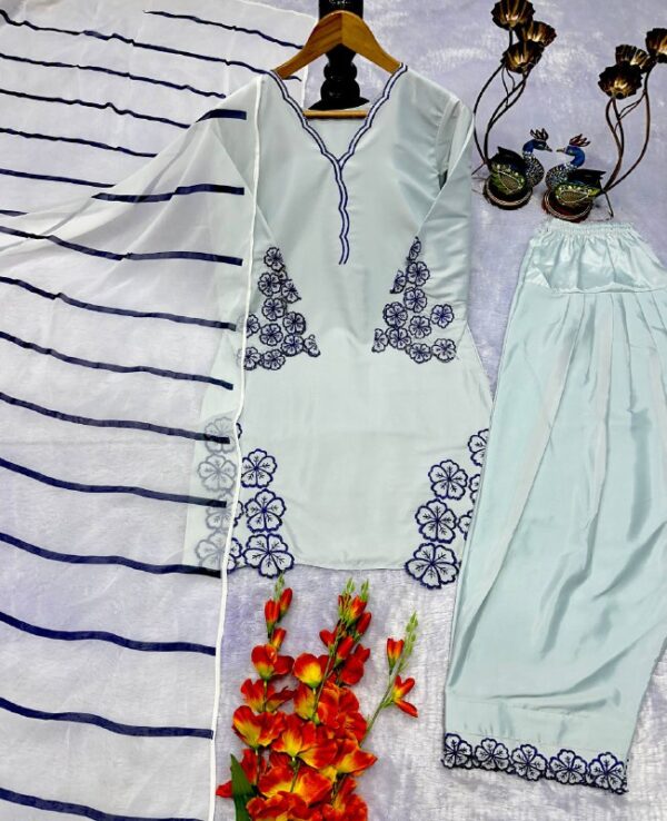 Elegant Sky Blue Embroidered Co-Ord Set with Floral Detailing - Image 4