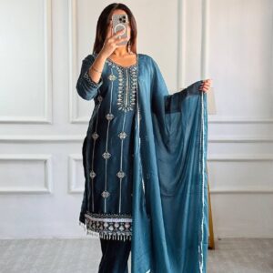 Midnight Teal Embroidered Straight Kurta Set with Dupatta