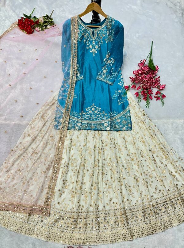 Royal Blue Embroidered Peplum Top with Mirror Work Lehenga and Net Dupatta - Image 4