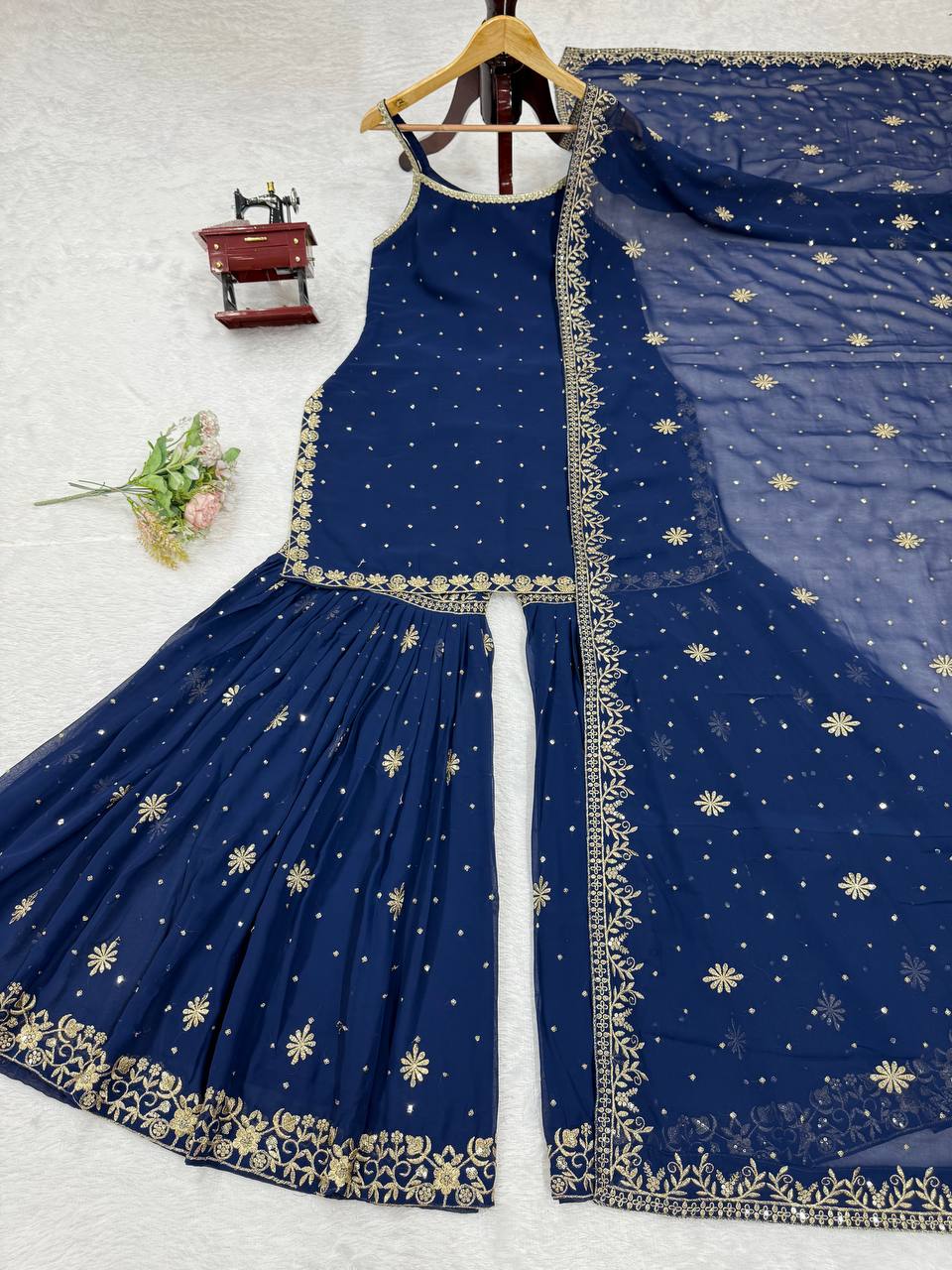 Elegant Midnight Blue Embroidered Sharara Set with Dupatta - Image 2