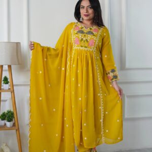 Mustard Yellow Floral Embroidered Anarkali Suit with Dupatta