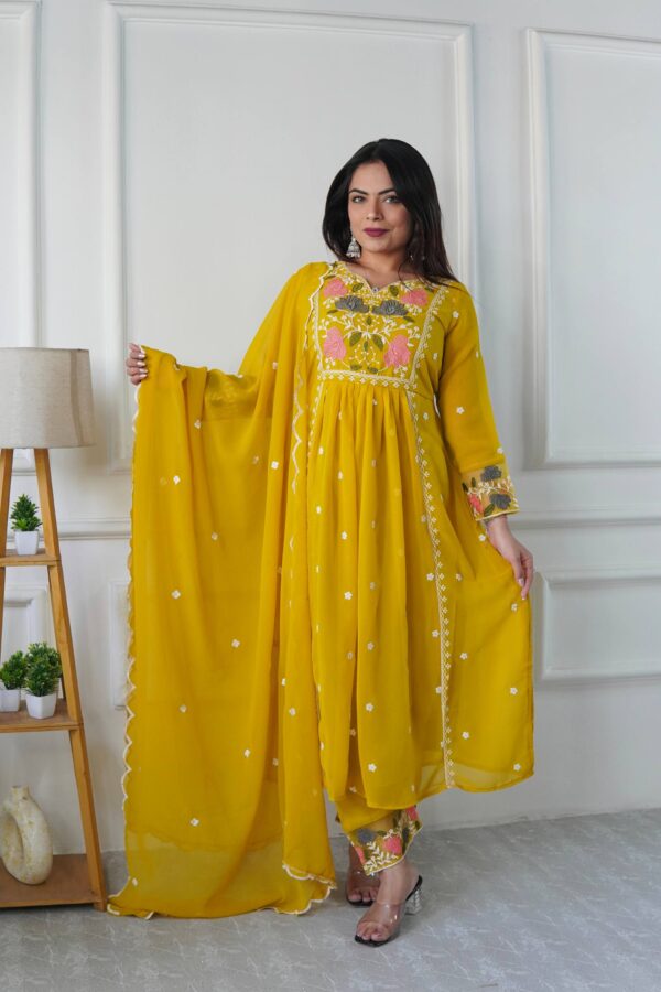 Mustard Yellow Floral Embroidered Anarkali Suit with Dupatta
