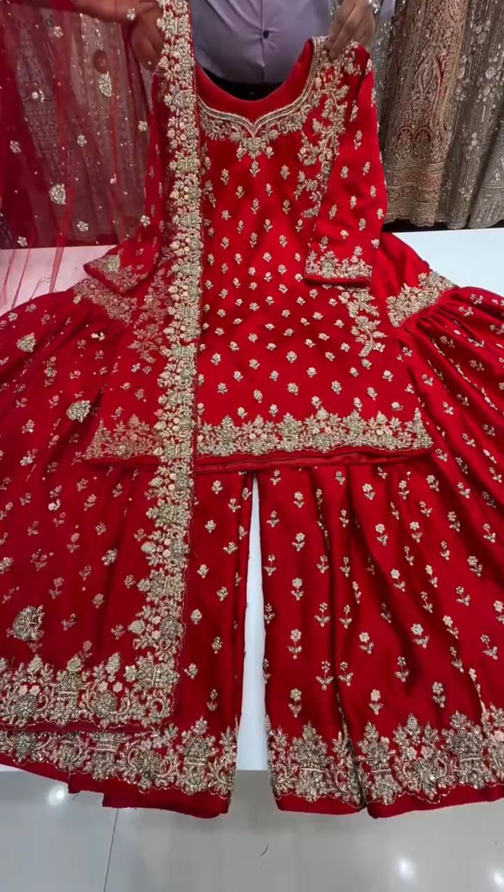 Bridal Red Heavy Embroidered Sharara Suit with Dupatta - Image 9