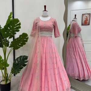 Elegant Baby Pink Embroidered Net Lehenga Choli with Dupatta