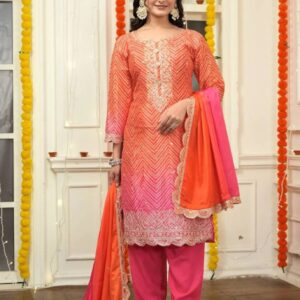 Peach Pink Embroidered Straight Kurta Set with Contrasting Dupatta
