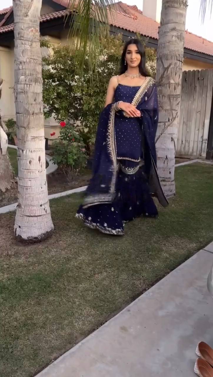 Elegant Midnight Blue Embroidered Sharara Set with Dupatta - Image 7