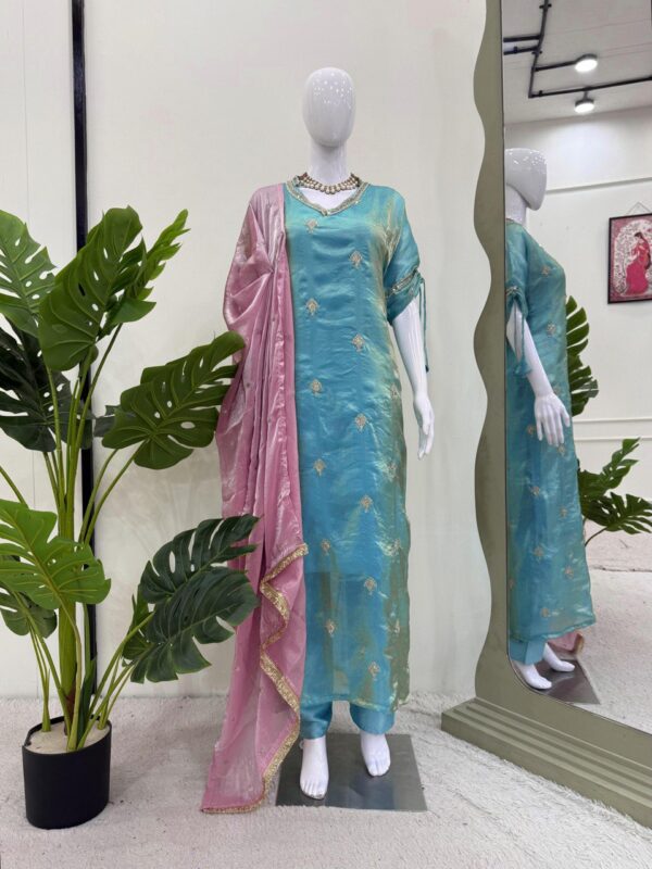 Sky Blue Silk Straight Suit with Pink Dupatta & Embroidered Detailing - Image 2
