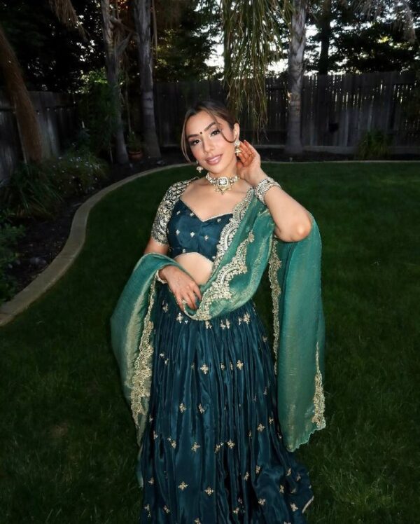Luxe Japan Satin Embroidered Lehenga Choli with Fendi Silk Dupatta
