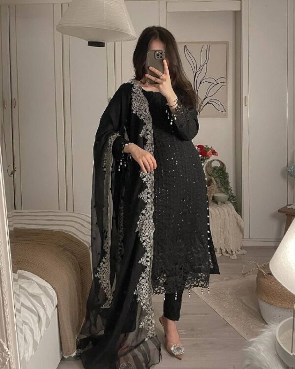 Elegant Black Sequin Embroidered Kurta Set with Dupatta