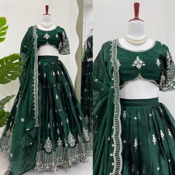 Designer Bottle Silk Embroidered Lehenga Choli with Dupatta - Image 5