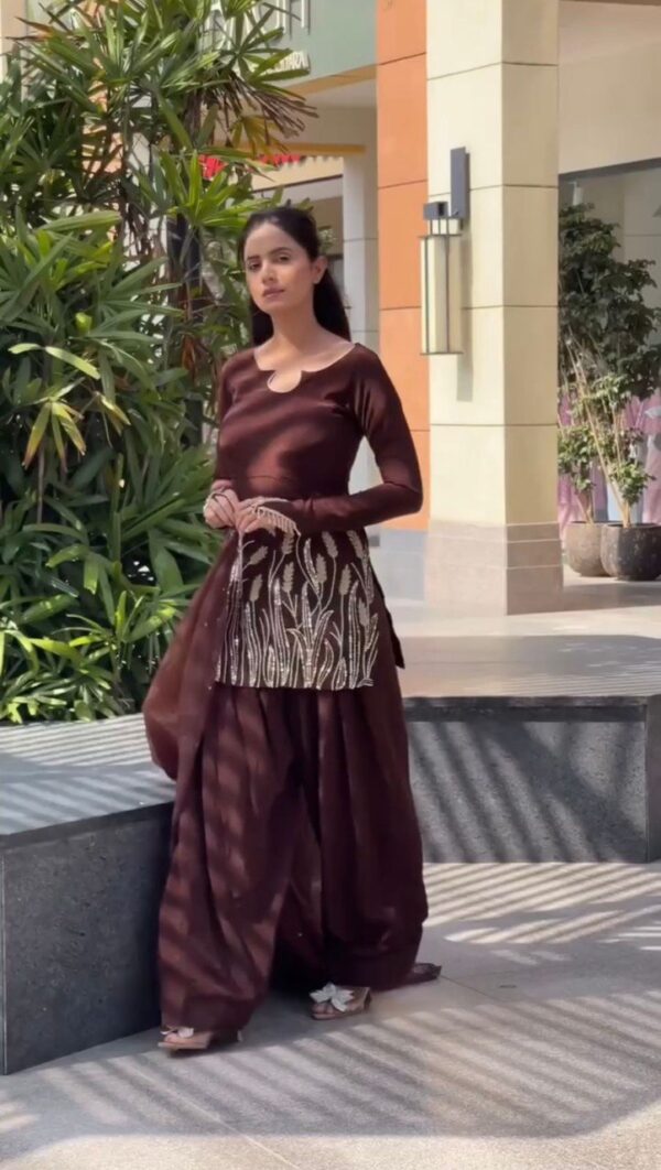 Chocolate Brown Embroidered Patiala Suit with Dupatta – Ethnic & Festive Wear - Image 7