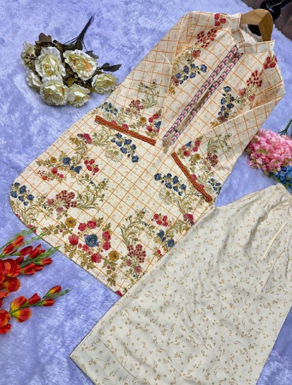 Pastel Yellow Floral Printed Cotton Kurti Set - Image 8