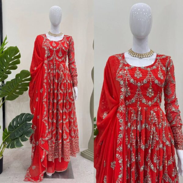 Red Embroidered Anarkali Gown with Golden Detailing – Festive & Wedding Wear - Image 3