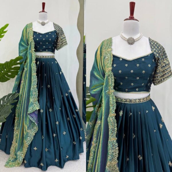 Luxe Japan Satin Embroidered Lehenga Choli with Fendi Silk Dupatta - Image 5