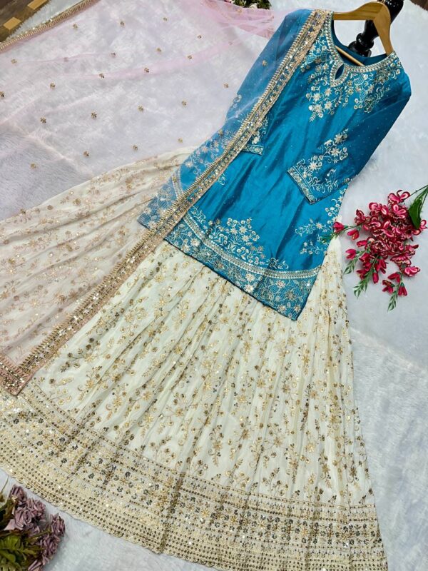 Royal Blue Embroidered Peplum Top with Mirror Work Lehenga and Net Dupatta - Image 3