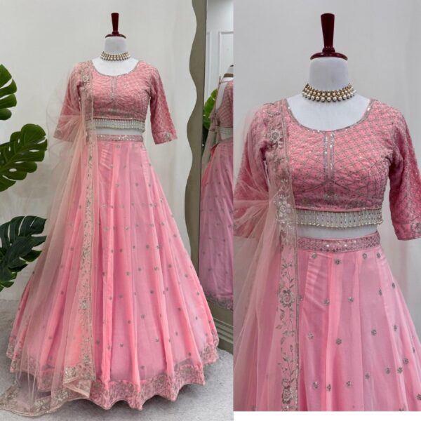 Elegant Baby Pink Embroidered Net Lehenga Choli with Dupatta - Image 5