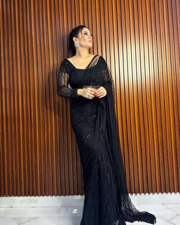 Designer Heavy Net Sequin Work Saree with Fancy Lace & Blouse - Image 4