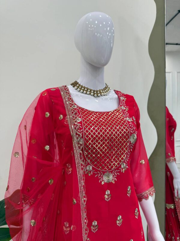 Designer Red Embroidered Sharara Suit with Dupatta – Festive & Wedding Wear - Image 5
