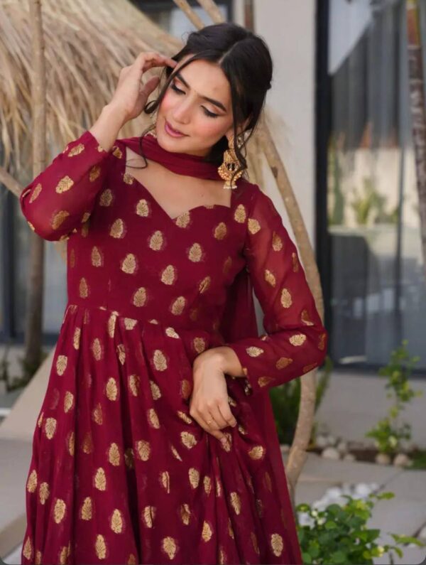 Maroon Georgette Anarkali Suit with Golden Zari Work & Dupatta - Image 6