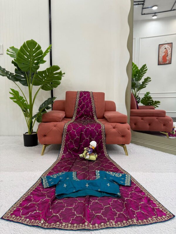 Elegant Designer Jimmy Chu Saree with Thread & Sequin Work and Mono Benglori Silk Blouse - Image 3