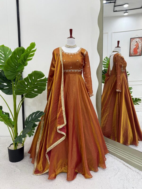 Rust Orange Silk Anarkali Suit with Embroidered Detailing & Dupatta - Image 5