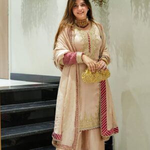 Peach Embroidered Straight Kurta Set with Palazzo & Dupatta