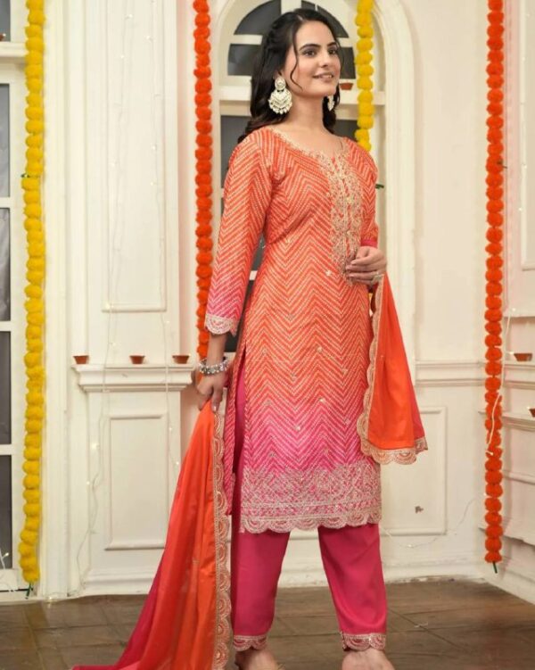 Peach Pink Embroidered Straight Kurta Set with Contrasting Dupatta - Image 2