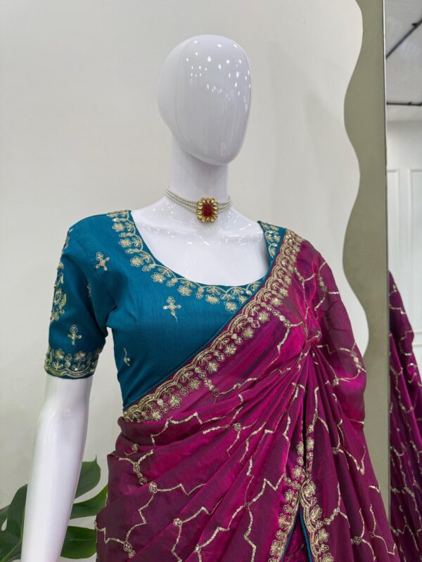 Elegant Designer Jimmy Chu Saree with Thread & Sequin Work and Mono Benglori Silk Blouse - Image 2