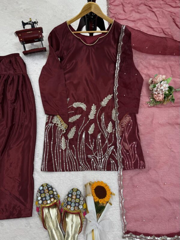 Chocolate Brown Embroidered Patiala Suit with Dupatta – Ethnic & Festive Wear - Image 3