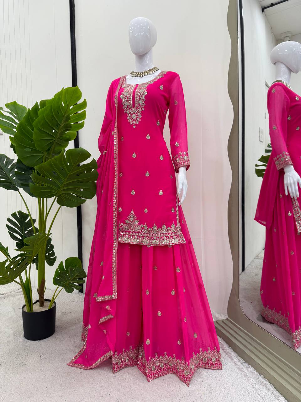 Hot Pink Embroidered Sharara Suit with Dupatta – Festive & Wedding Wear - Image 4