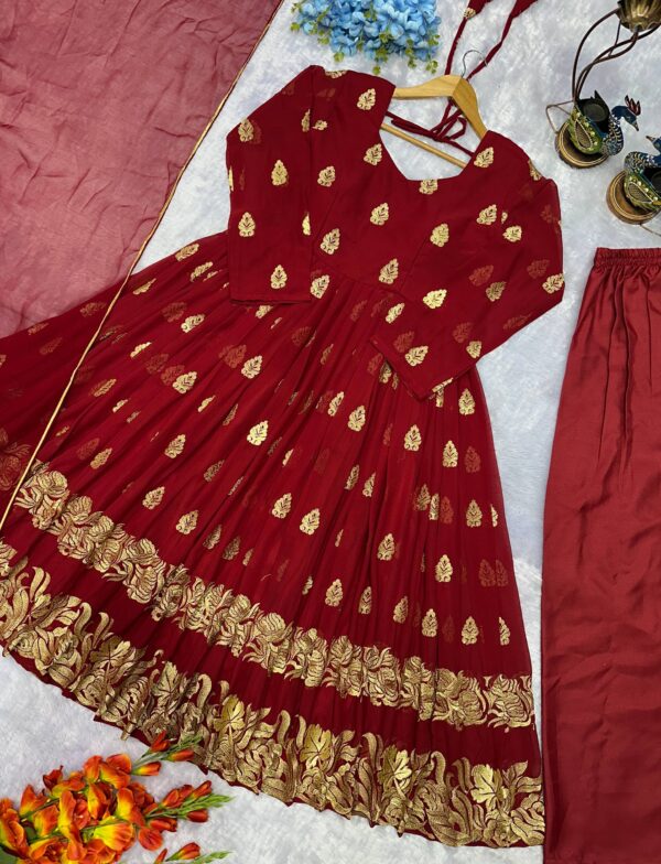 Maroon Georgette Anarkali Suit with Golden Zari Work & Dupatta - Image 2