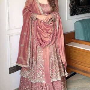 Dusty Rose Embroidered Anarkali Gown Set with Dupatta - Bridal & Festive Wear