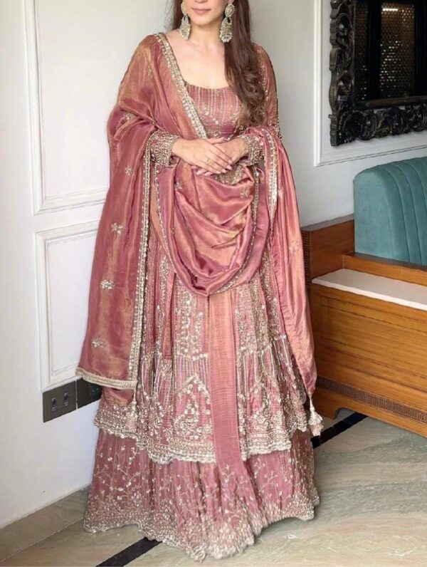 Dusty Rose Embroidered Anarkali Gown Set with Dupatta - Bridal & Festive Wear