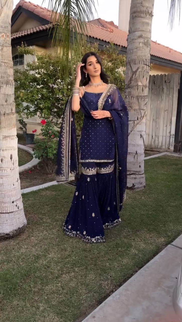 Elegant Midnight Blue Embroidered Sharara Set with Dupatta - Image 6
