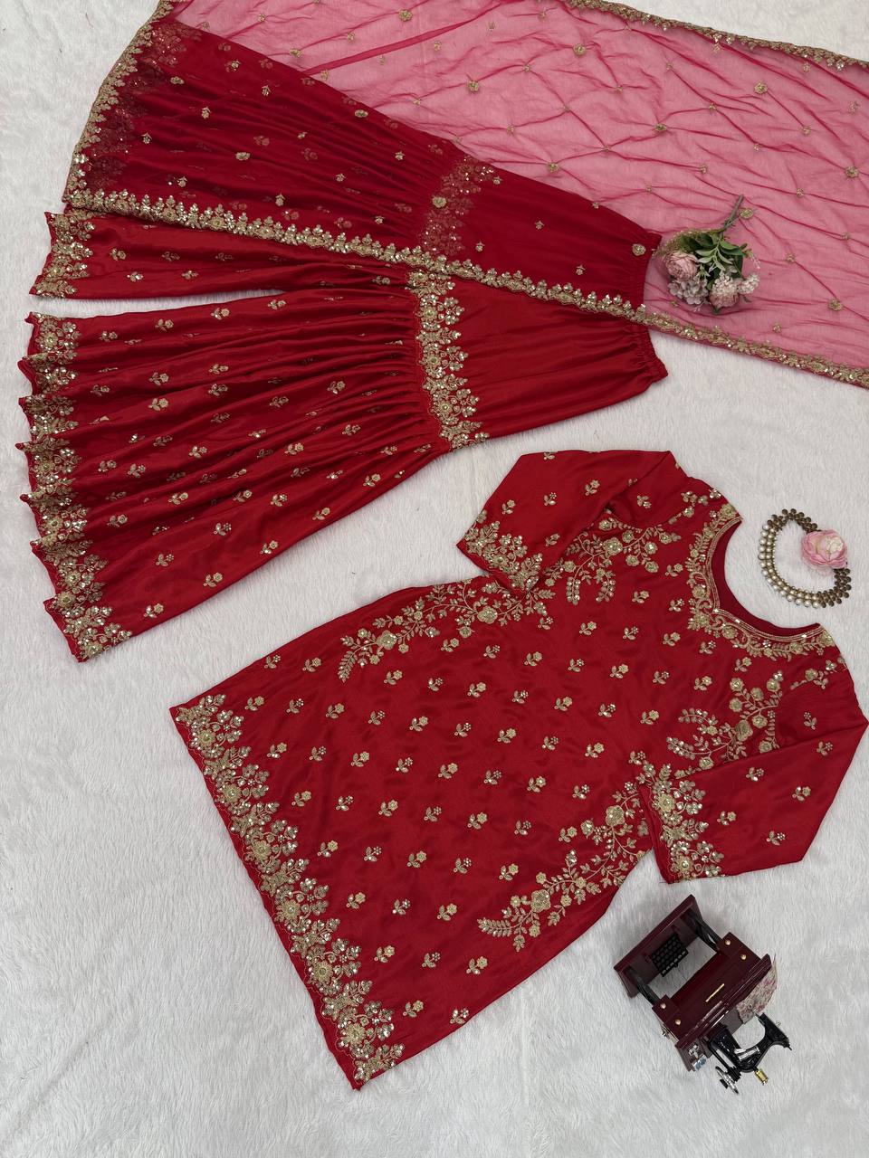 Bridal Red Heavy Embroidered Sharara Suit with Dupatta - Image 4