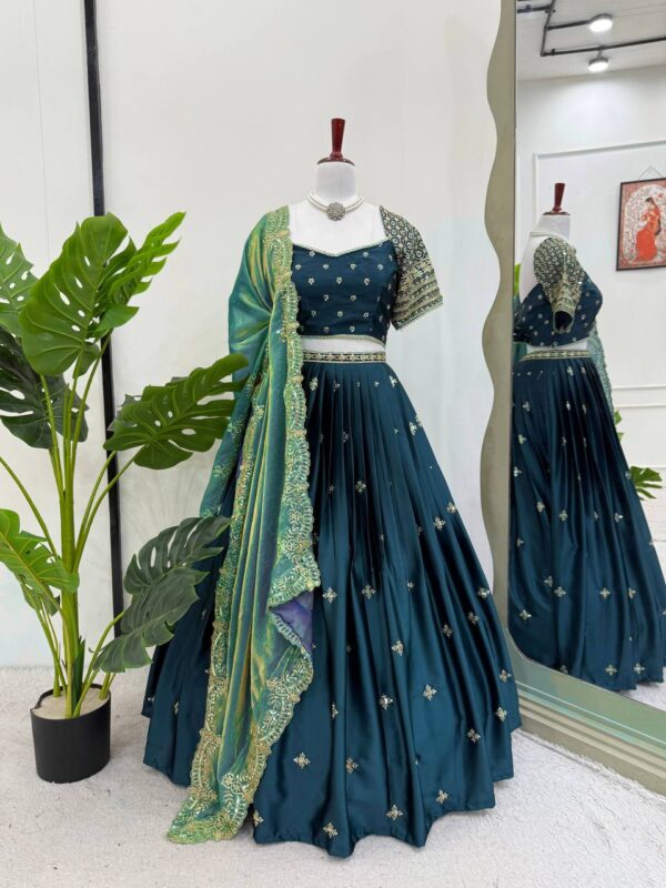 Luxe Japan Satin Embroidered Lehenga Choli with Fendi Silk Dupatta - Image 4
