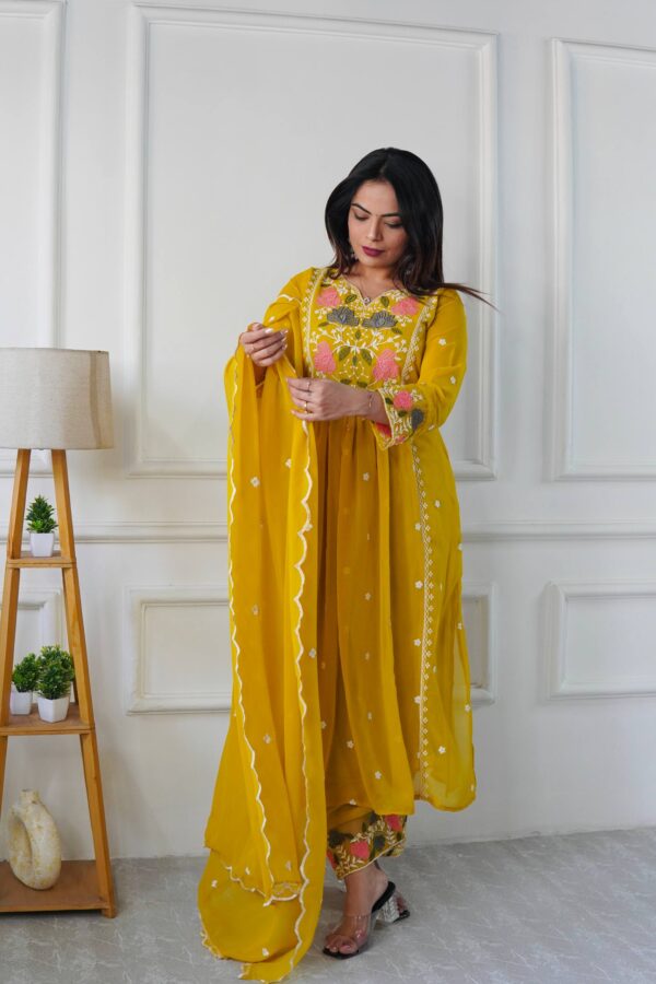 Mustard Yellow Floral Embroidered Anarkali Suit with Dupatta - Image 2
