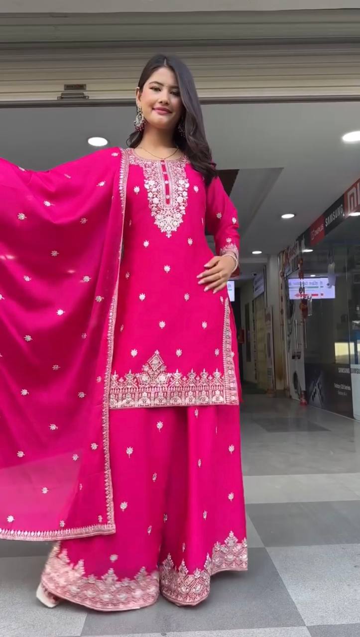 Hot Pink Embroidered Sharara Suit with Dupatta – Festive & Wedding Wear