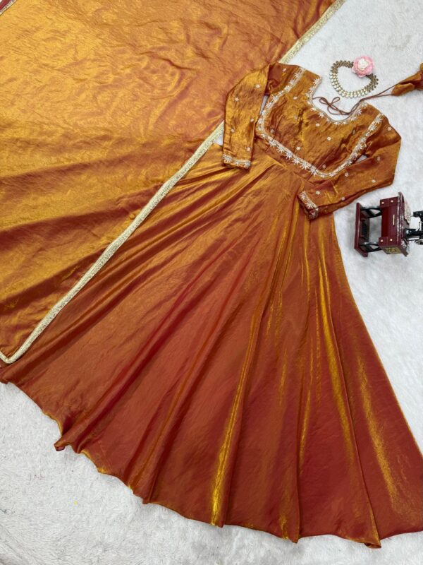 Rust Orange Silk Anarkali Suit with Embroidered Detailing & Dupatta - Image 2