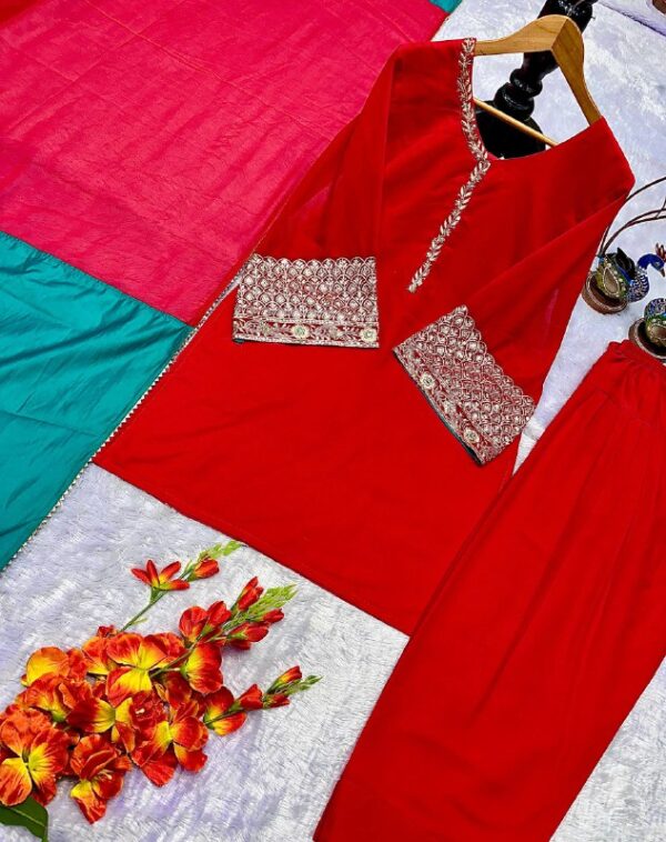 Classic Red Punjabi Patiala Suit with Embroidered Sleeves and Contrast Dupatta - Image 4