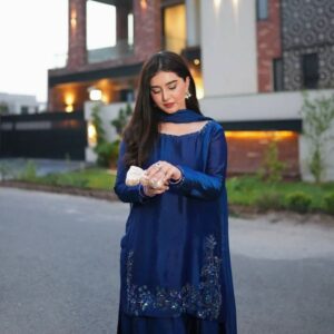 Royal Blue Embroidered Suit with Sheer Dupatta – Festive & Party Wear