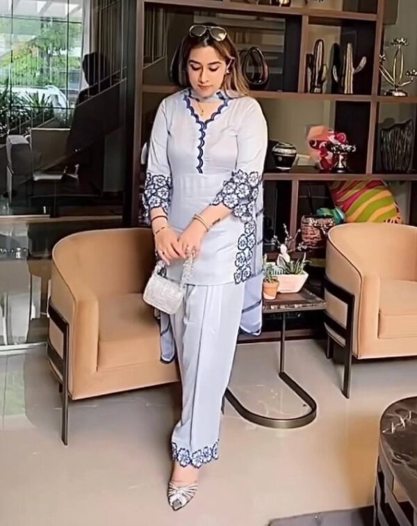 Elegant Sky Blue Embroidered Co-Ord Set with Floral Detailing - Image 2