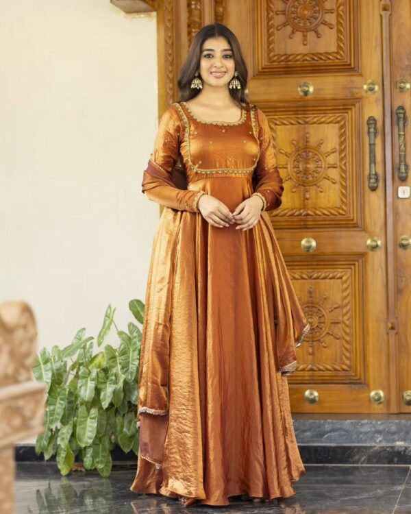 Rust Orange Silk Anarkali Suit with Embroidered Detailing & Dupatta - Image 7