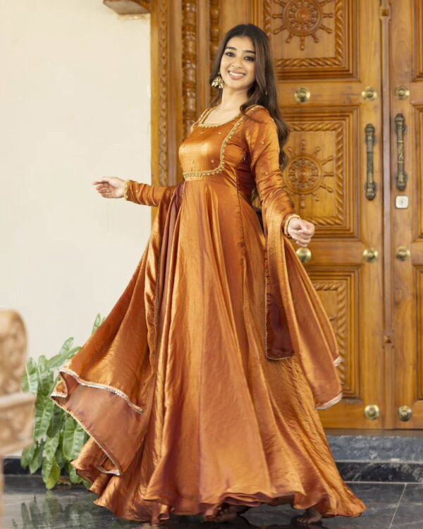 Rust Orange Silk Anarkali Suit with Embroidered Detailing & Dupatta