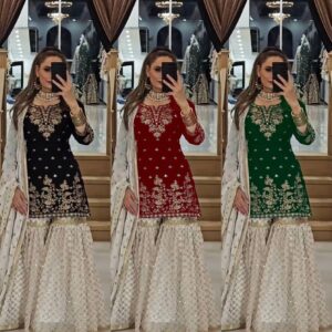 Embroidered Sharara Suit with White Net Dupatta