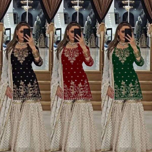Embroidered Sharara Suit with White Net Dupatta