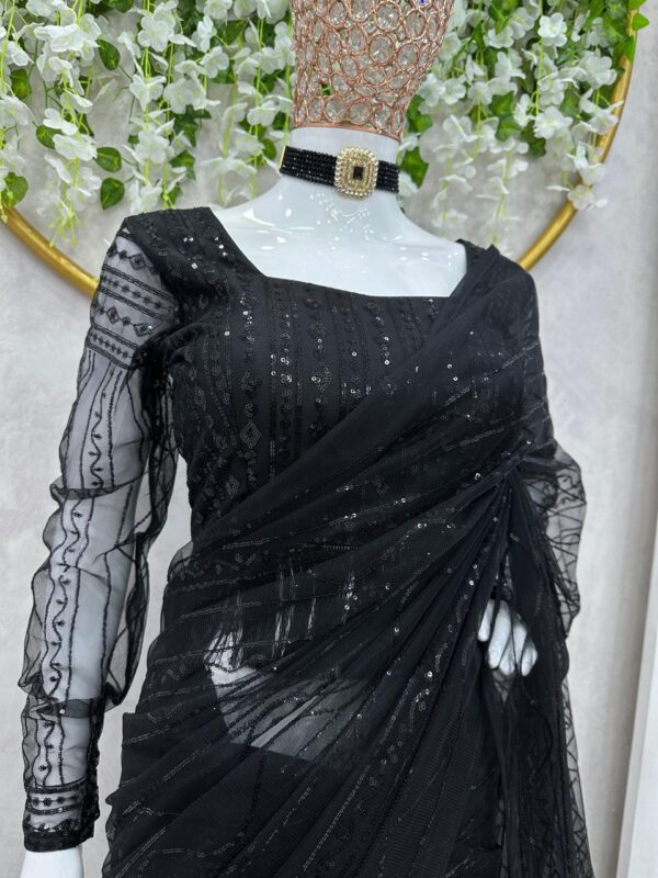 Designer Heavy Net Sequin Work Saree with Fancy Lace & Blouse - Image 3
