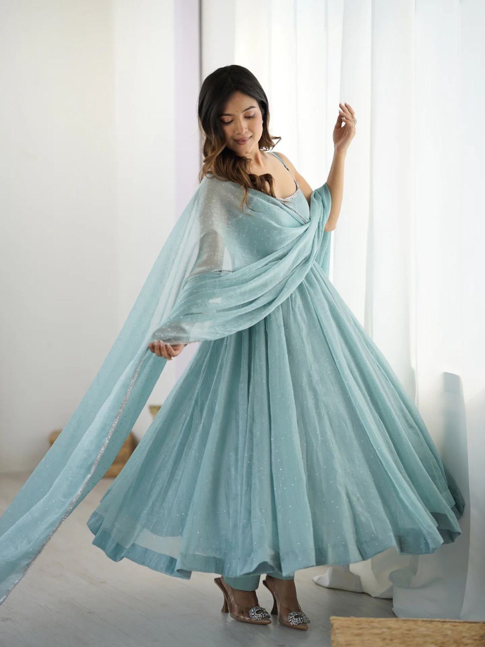 Elegant Pastel Blue Anarkali Set with Dupatta – Festive & Occasion Wear - Image 6